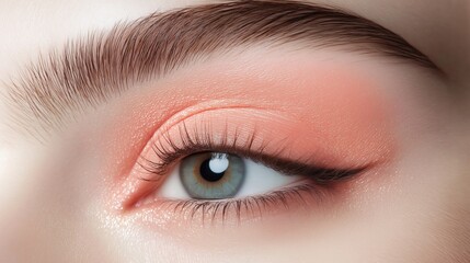 Obraz premium Close-up of a person's eye with a dramatic makeup look. the eye is blue and the eyeliner is a bright peach color.