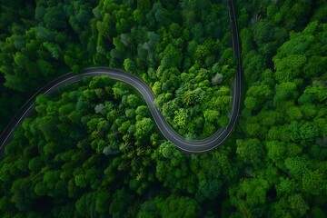 Aerial View of Winding Road Through Lush Green Forest Landscape