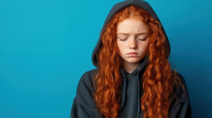 Red haired girl wearing a dark hoodie looks sad