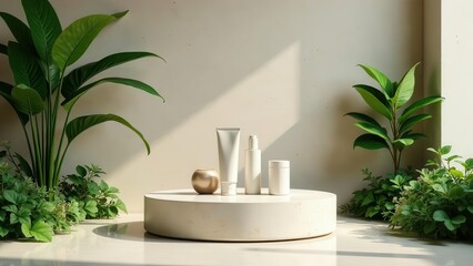 Serene Minimalist Product Display with Lush Greenery on a Neutral Background