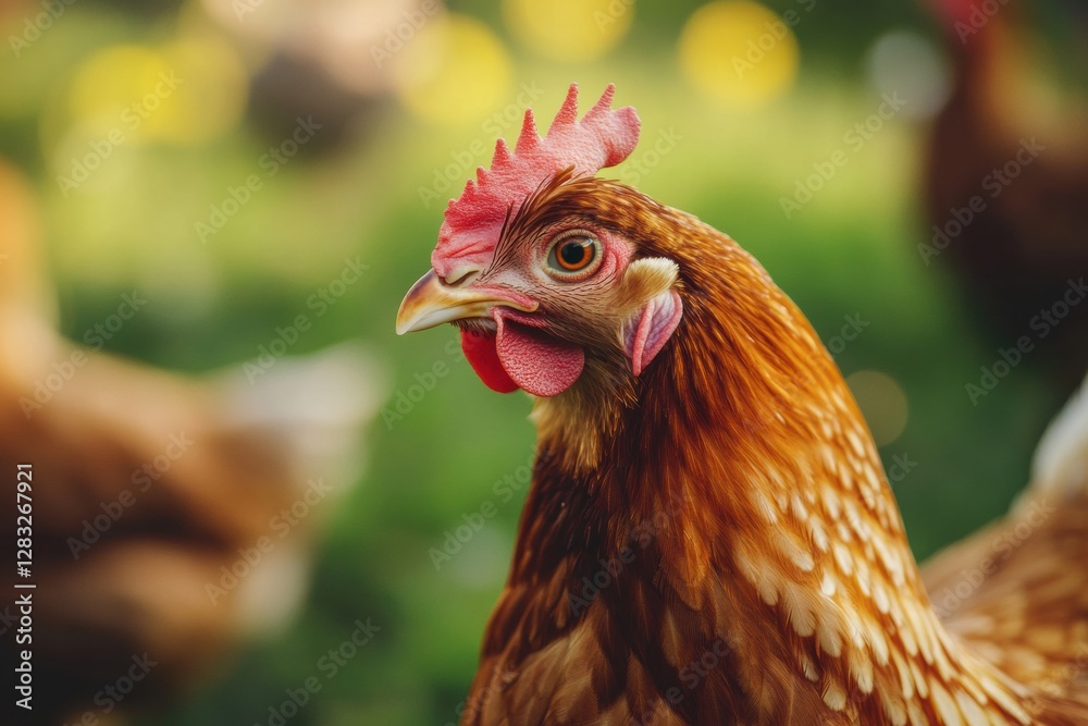 Poster Close up view of a hen displaying vibrant feathers and a curious expression in a lush rural setting during daylight. Generative AI