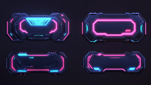 Futuristic frames of black metal border for avatar in game interface with level or grade. Vector cartoon set of gui elements in sci fi style, empty frames with blue and pink glow