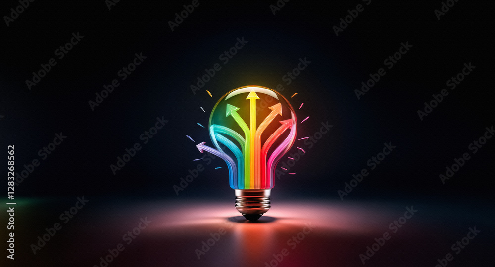 Poster a vibrant light bulb emits rainbow arrows pointing upwards, symbolizing innovative ideas and diverse