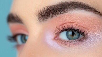 Obraz premium Close-up of a person's eye. the eye is blue and the person has long, full eyelashes. the eyeliner is a light pink color and is applied in a way that creates a dramatic look.