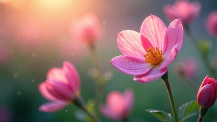 Fototapeta premium Delicate Pink Blossoms Glowing in the Golden Hour Sunlight, a Serene Garden Scene of Nature's Beauty