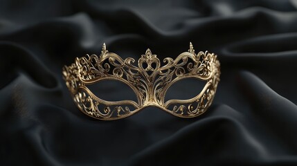 Luxurious golden filigree mask ornament with delicate lace-like patterns, displayed on a black satin surface. No text, no people.