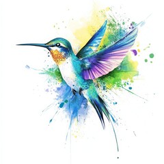 Obraz premium Vibrant hummingbird in flight: A watercolor rendering captures a hummingbird in mid-flight, its wings spread against a backdrop of colorful paint splashes.