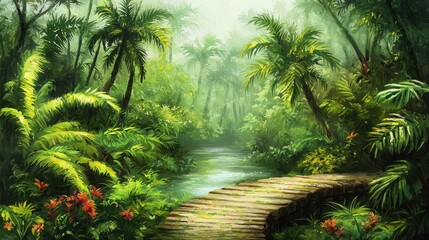 Serene Jungle Paradise: A Tranquil Bridge Over a Misty Stream