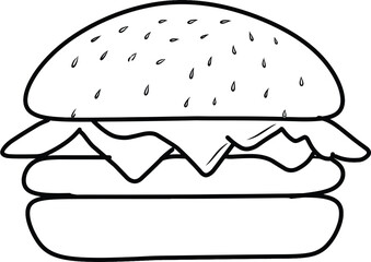 Black and white line artwork depicting a traditional style hamburger with cheese and lettuce, perfect for design use or coloring pages.