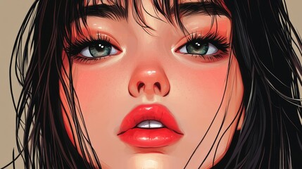 Fototapeta premium Close-Up Artistic Portrait Of A Woman With Green Eyes And Red Lips. Beauty Concept, Art.