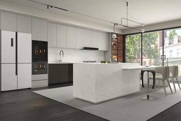 Modern kitchen interior design with marble countertops and white cabinets. Kitchen island decorated with food and white quartz countertop, wooden floor, glass window. 3D Visualization. 3D Rendering