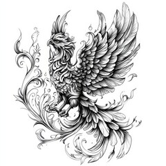 Fototapeta premium Phoenix in Flight: A mythical phoenix, symbolic of rebirth and resilience, takes flight with its wings spread wide, encircled by ornate, swirling details.