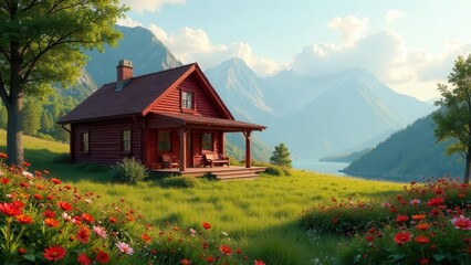 Fototapeta premium Serene Mountain Cabin Retreat A Picturesque Log Home Nestled in a Lush Meadow, Overlooking a Tranquil Lake and Majestic Peaks