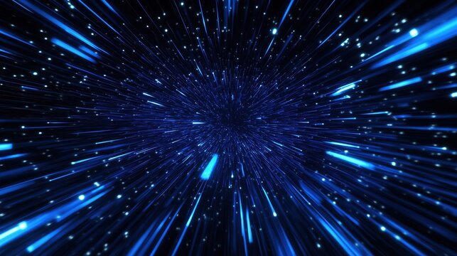 Vibrant blue light rays extending into a cosmic space.