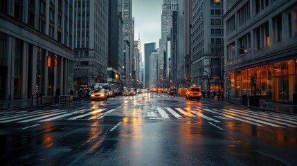 Fototapeta premium Rainy Day in NYC: A Cityscape of Wet Streets and Glimmering Lights