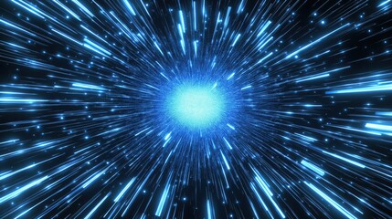 Vivid blue light rays radiating from a central point in space.