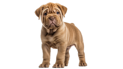 Adorable wrinkled puppy stands in a playful pose