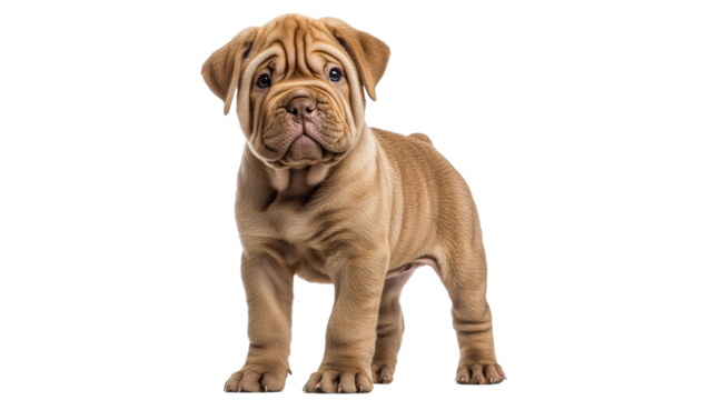 Adorable wrinkled puppy stands in a playful pose