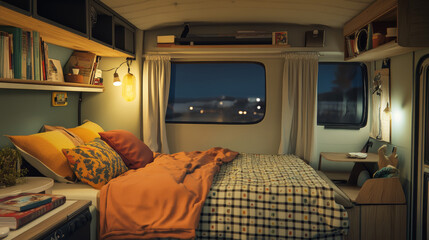 Fototapeta premium Camper interior with bed, bookshelves, chair and nightstand. Empty modern trailer car at night. Vector cartoon bedroom in camping van with cozy furniture. Minibus for travel and vacation inside