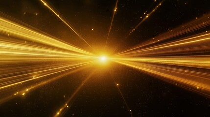 Golden light beams radiate from a central bright source in dark space.