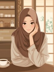 A smiling woman with a hijab is holding a cup of coffee