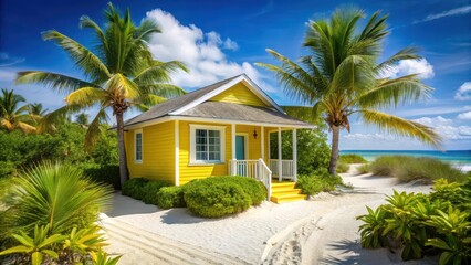Traditional coastal cottage with a bright yellow facade and white trim, surrounded by lush tropical foliage and situated on a pristine white sand beach, yellow exterior, holiday retreat