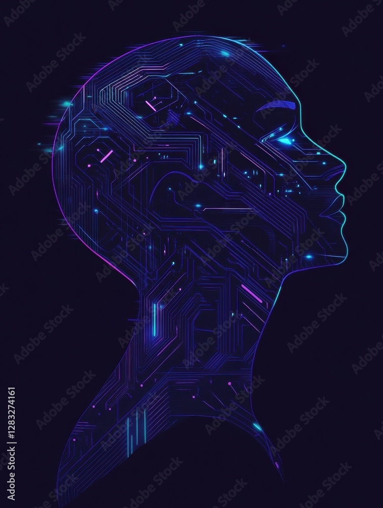 Poster Silhouette of a human head with circuit board design and glowing neon lines showcasing futuristic AI elements. Generative AI