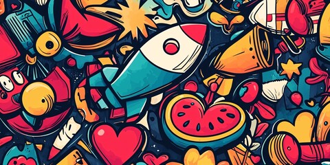 Fototapeta premium vibrant cartoon icons featuring rockets, hearts, and fruits for creative design