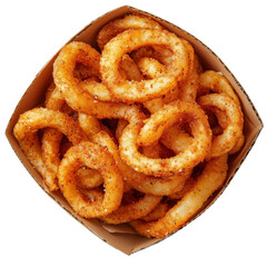 Crispy curly fries in a takeout box with ketchup. A delicious snack or side dish, perfect for fast food lovers and casual dining.