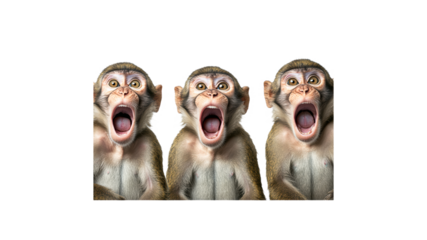 Three monkeys express surprise in a playful moment