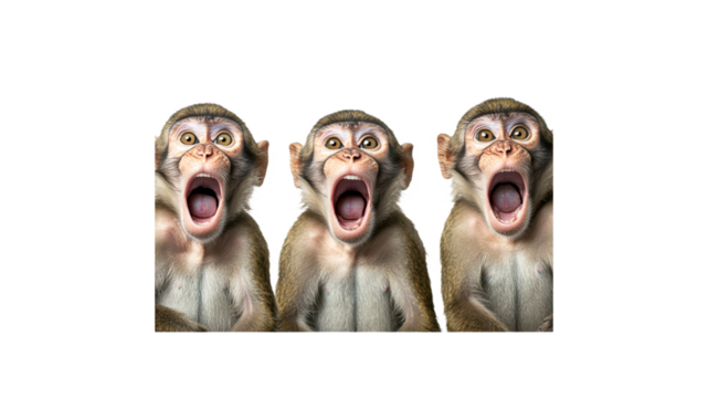 Three monkeys express surprise in a playful moment