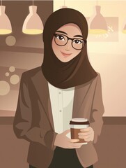 Obraz premium A Smiling Muslim Woman in Glasses Holding Coffee Cup