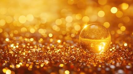 Shiny gold bauble ornament reflecting soft light, placed on a festive holiday background. No text, no people.