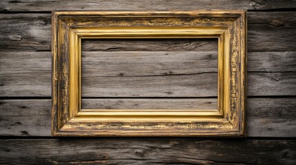 Rustic gold frame with a weathered finish, hanging on an aged wooden plank wall. No text, no people.