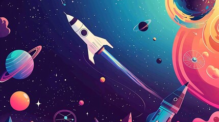 Naklejka premium vibrant space adventure with rockets and planets