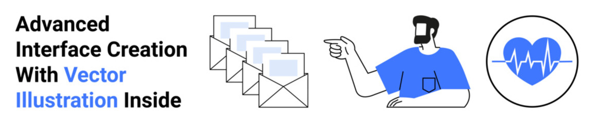 Stack of emails, person pointing, and heart rate icon. Ideal for communication, teamwork, healthcare, innovation, user interface, connection flat landing page banner