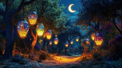 A secluded Ramadan forest clearing illuminated by colorful mosaic lanterns