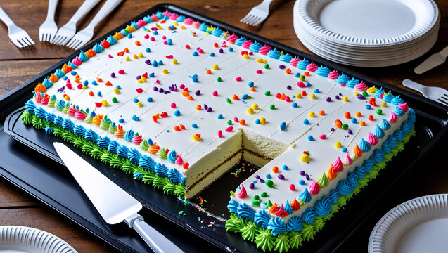 Large sheet cake with colorful icing and sprinkles, ready for a party