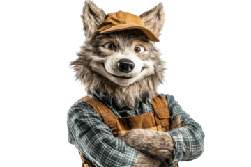 Warm, casual wolf character smiles