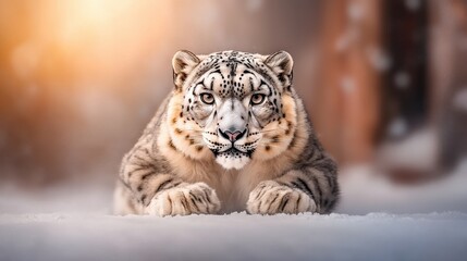 Fototapeta premium A rare snow leopard in its natural habitat, blending seamlessly into the icy terrain.