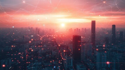 Fototapeta premium Futuristic cityscape with interconnected lines and dots representing advanced technology concepts