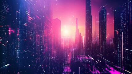 Futuristic city skyline illuminated by neon lights with digital economy elements at night