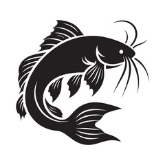 Detailed Catfish silhouette, showcasing the unique fins and barbels - Catfish illustration - Minimalist Catfish vector - Fish silhouette
