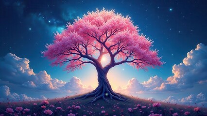 Enchanted Pink Blossom Tree at Dawn on a Serene Hilltop Meadow Under a Starry Sky