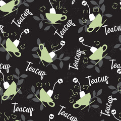 Fresh Leafy Green Teacup on the Night Pattern. This design is perfect for tea lovers and ideal for branding, packaging, wallpapers, etc. a versatile addition to tea-themed or nature-inspired