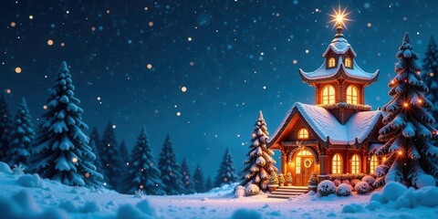Fototapeta premium A Magical Winter Night Scene Featuring a Cozy Snow-Covered House with Warm Glowing Lights and a Star on Top, Surrounded by Snowy Evergreen Trees Under a Sparkling Night Sky