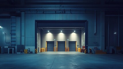 Loading and unloading area in an empty industrial warehouse at night