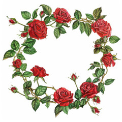 Beautiful red roses arranged in circular wreath with green leaves, symbolizing love and elegance