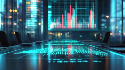 High-tech financial planning boardroom with laptop on table in modern office setting