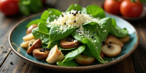 A delightful spinach salad with roasted root vegetables and a sprinkle of cheese and peppercorns, served on a rustic plate